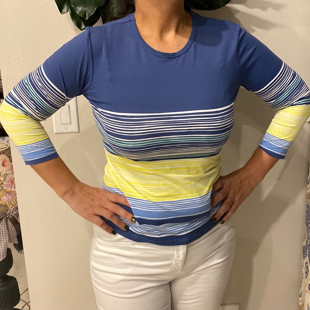 J.MCLAUGHIN blouse Women’s Navy Blue striped Printed 3/4 Sleeve top M